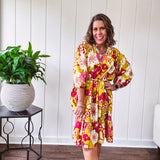 Yellow + Pink Floral Printed Dress with Waist Tie