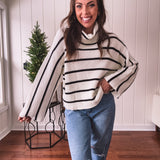 Ivory + Black Stripe Turtleneck Wide Knit Sweater