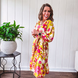 Yellow + Pink Floral Printed Dress with Waist Tie