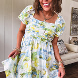 Lemon Pretty Pleated Puff Sleeve Mini Dress