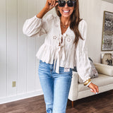Meadow Breeze Light Khaki Eyelet Tie Front Top