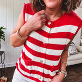 Red + Cream Stripe Colorblock Button Woven Vest