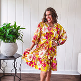 Yellow + Pink Floral Printed Dress with Waist Tie