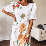 Bold Elegance Floral Midi Dress | Bubble Sleeve