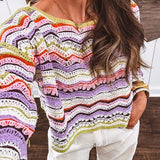 Lightweight cropped crochet long sleeved round neck pullover in pink, white, sage, orange and purple wave design.