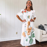 Bold Elegance Floral Midi Dress | Bubble Sleeve