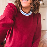 Burgundy Mock Neck Stripe Trim Top