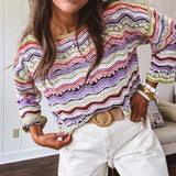 Lightweight cropped crochet long sleeved round neck pullover in pink, white, sage, orange and purple wave design.