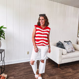 Red + Cream Stripe Colorblock Button Woven Vest