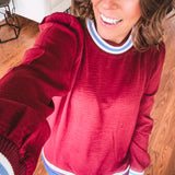 Burgundy Mock Neck Stripe Trim Top