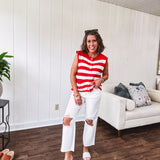 Red + Cream Stripe Colorblock Button Woven Vest