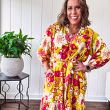 Yellow + Pink Floral Printed Dress with Waist Tie