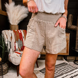 Taupe Crinkle Smock Waist Size Pocket Shorts