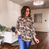 Olive Hatch Mix Print 3/4 Sleeve Blouse