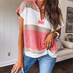 Ivory, taupe and coral colorblock V neck light knit sweater vest with relaxed fit.