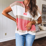 Ivory, taupe and coral colorblock V neck light knit sweater vest with relaxed fit.