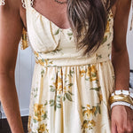 Flowy and soft butter yellow and floral midi dress with eyelet detail on the tie straps, detailed bodice with smocking at the back and a tiered skirt, fully lined.