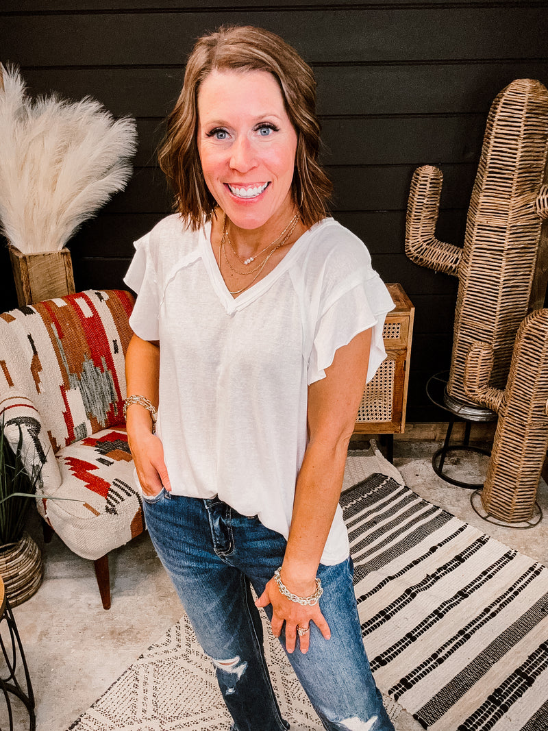 V Neck Cotton Ruffle Sleeve Tee