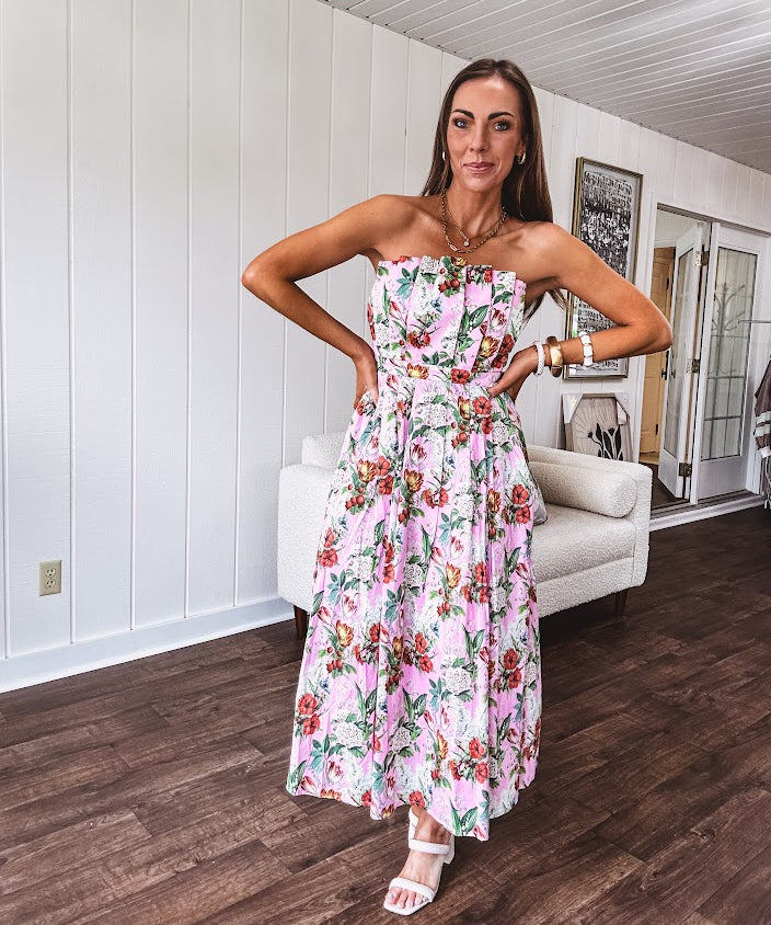 midi dress for garden party Peri Pink Garden Party Pleated Strapless Midi – The Red Raccoon