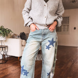 Washed Denim Plaid Mix Star Barrel Pant