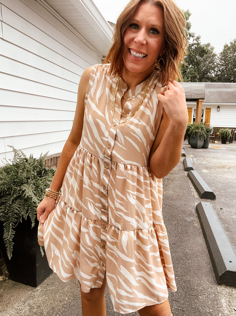 Taupe + Ivory Button Down Tiered Abstract Print Dress