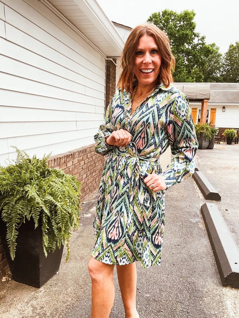 Avocado Lime Mix Print Tie Waist Dress
