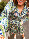 Avocado Lime Mix Print Tie Waist Dress