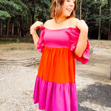 Pink Combo Flutter Sleeve Colorblock Woven Dress