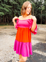 Pink Combo Flutter Sleeve Colorblock Woven Dress