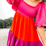 Pink Combo Flutter Sleeve Colorblock Woven Dress