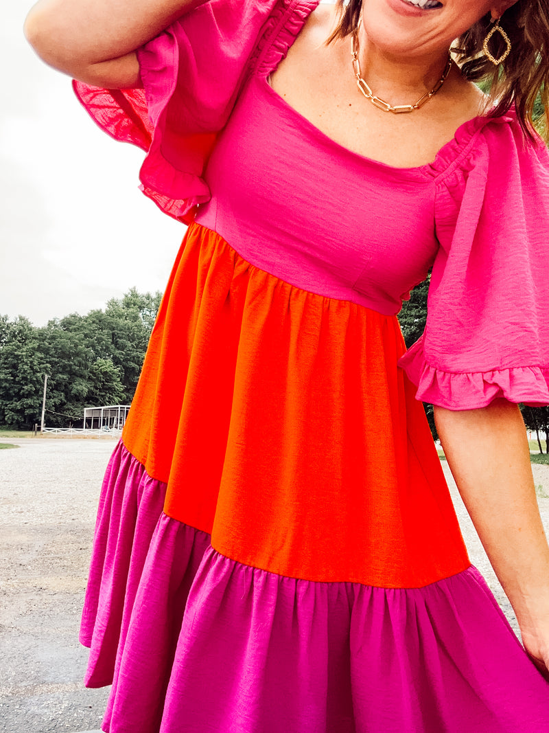 Pink Combo Flutter Sleeve Colorblock Woven Dress