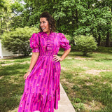 Magenta Print Vibrant Smocked Ruffle Midi Dress