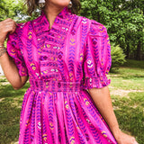 Magenta Print Vibrant Smocked Ruffle Midi Dress