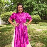 Magenta Print Vibrant Smocked Ruffle Midi Dress