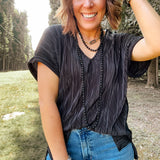 Black Plisse V Neck Drop Shoulder