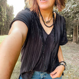 Black Plisse V Neck Drop Shoulder