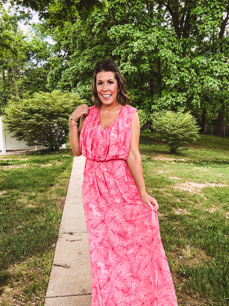 Pink Coral Leaf Blossom Maxi Dress