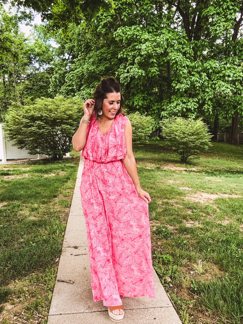 Pink Coral Leaf Blossom Maxi Dress