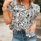Black & White Ethnic Watercolor Flutter Sleeve Button Up