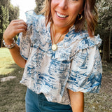 Blue Toile Palms Print Blouse