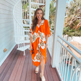 Bold Orange Floral Oversize Cover Up Kimono Dress