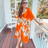 Bold Orange Floral Oversize Cover Up Kimono Dress