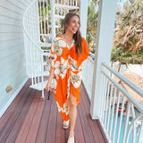 Bold Orange Floral Oversize Cover Up Kimono Dress