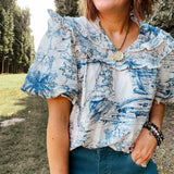 Blue Toile Palms Print Blouse