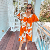 Bold Orange Floral Oversize Cover Up Kimono Dress