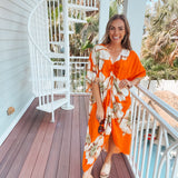 Bold Orange Floral Oversize Cover Up Kimono Dress