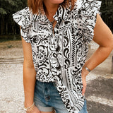Black & White Ethnic Watercolor Flutter Sleeve Button Up