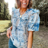 Blue Toile Palms Print Blouse