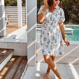 FLORAL SMOCKED RUFFLE VNECK DRESS