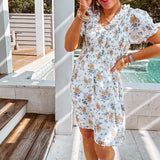 FLORAL SMOCKED RUFFLE VNECK DRESS